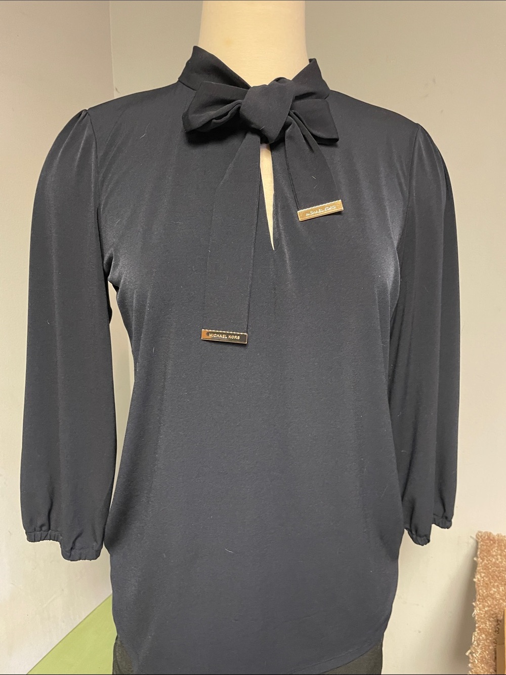 Michael Kors Navy Blue Bow-Neck Blouse with Metallic Accents